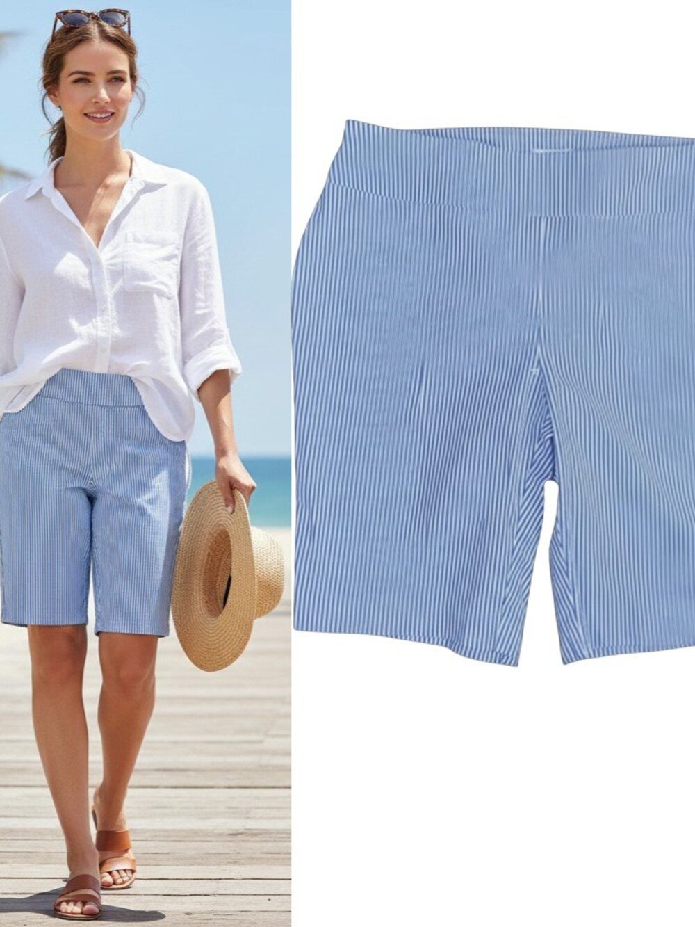 Crown & Ivy Ashley Bermuda Shorts 14 Blue White Stripe Pull On Stretch 10"